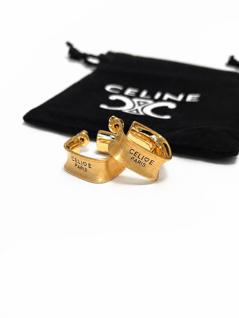 Vintage CELINE Paris Gold-Tone Logo Hoop Clip Earrings